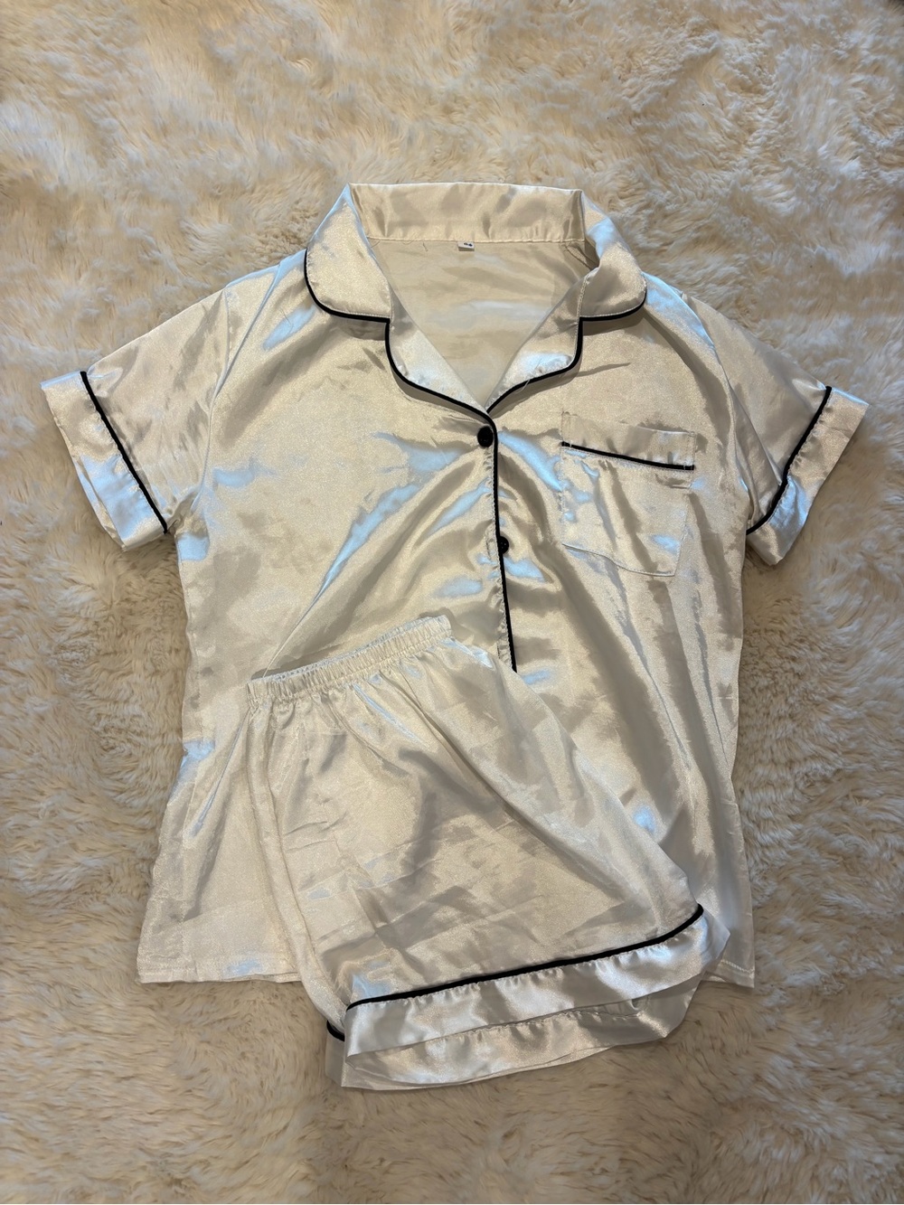 Women's White Satin Short Sleeve Pajama Set with Black Trim